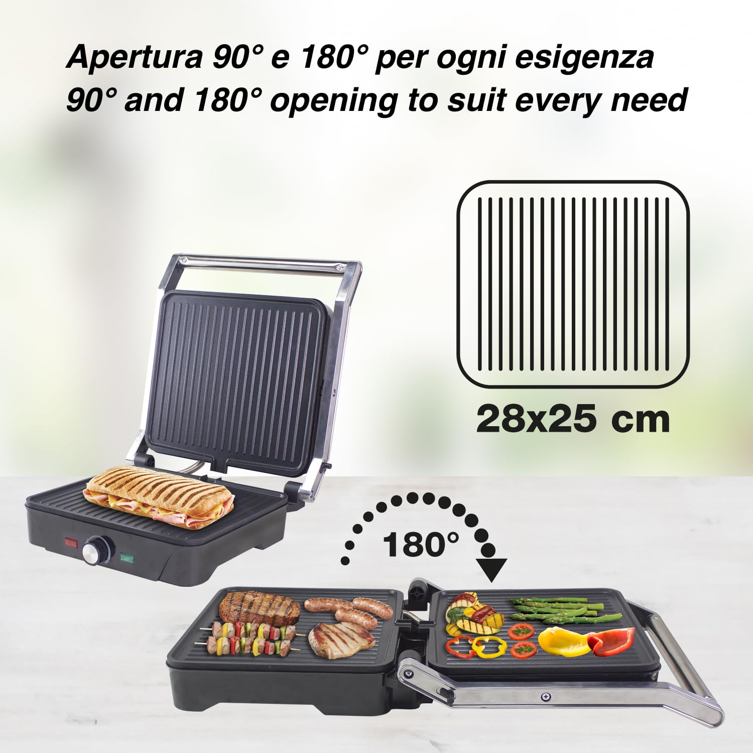 BEPER P101TOS503 Griglia Elettrica Multifunzione GRAND GRILL 3 in 1 – Bistecchiera, Piastra Panini e Griglia Barbecue – Piastre 28x25 cm, Apertura 180°, Termostato Regolabile – 2000W