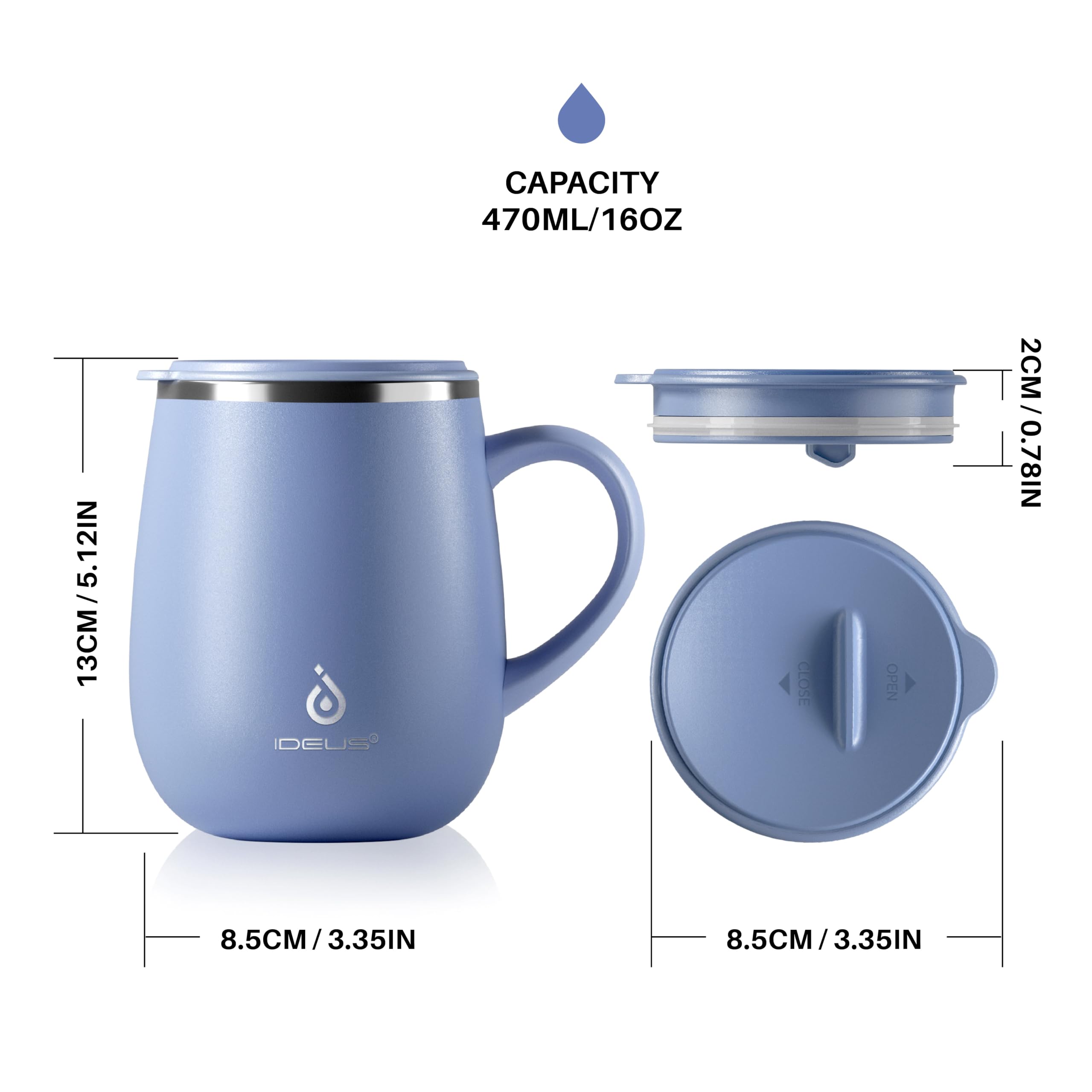 Ideus Isolierter Kaffeebecher mit Griff und Deckel, doppelwandiger Edelstahl-Vakuum-Thermo-Kaffeebecher, Reise-Kaffeetasse, Thermobecher für Zuhause und Büro, Ozeanblau 2.0, 473 ml