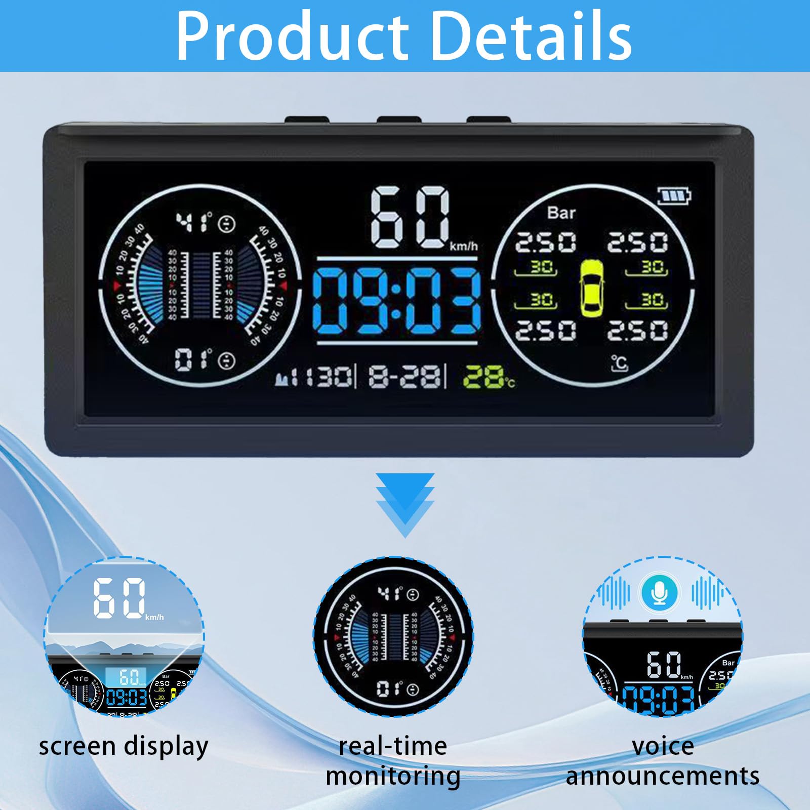 Multifunktional Reifendruckkontrollsystem, TPMS mit 4 Externen Sensoren | Solaraufladung Monitor Universal Geschwindigkeit mit Farbiger LCD Anzeige 9.9BAR/199Psi für Van RV LKW SUV