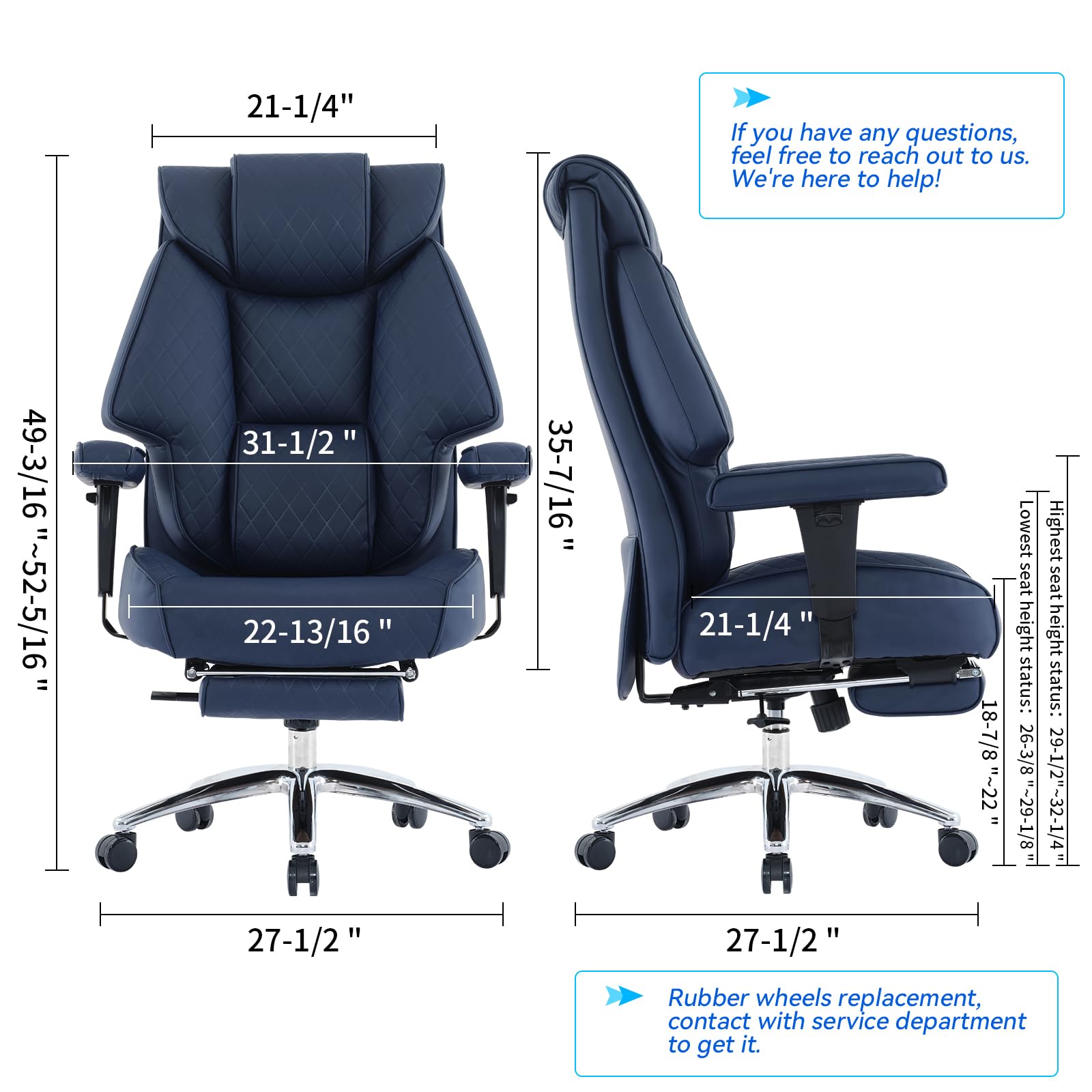 Big and Tall Office Chair with Footrest, PU Leather High Back Executive Office Chair 400lbs, Ergonomic Computer Chairs Lumbar Support for Heavy People (Blue)