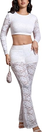 acelyn Women 2 Piece Outfits Lace Long Sleeve Crop Top Flare Pants Set Mesh See Through Birthday Club Going Out Outfits