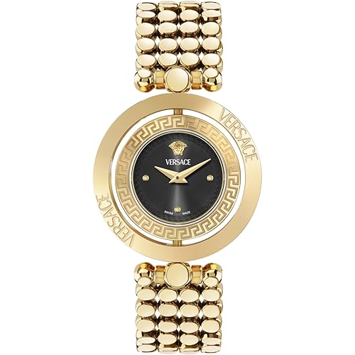 Versace Eon Jewel Collection Luxury Womens Watch Timepieces with a Gold Bracelet and Case Featuring a Black Dial
