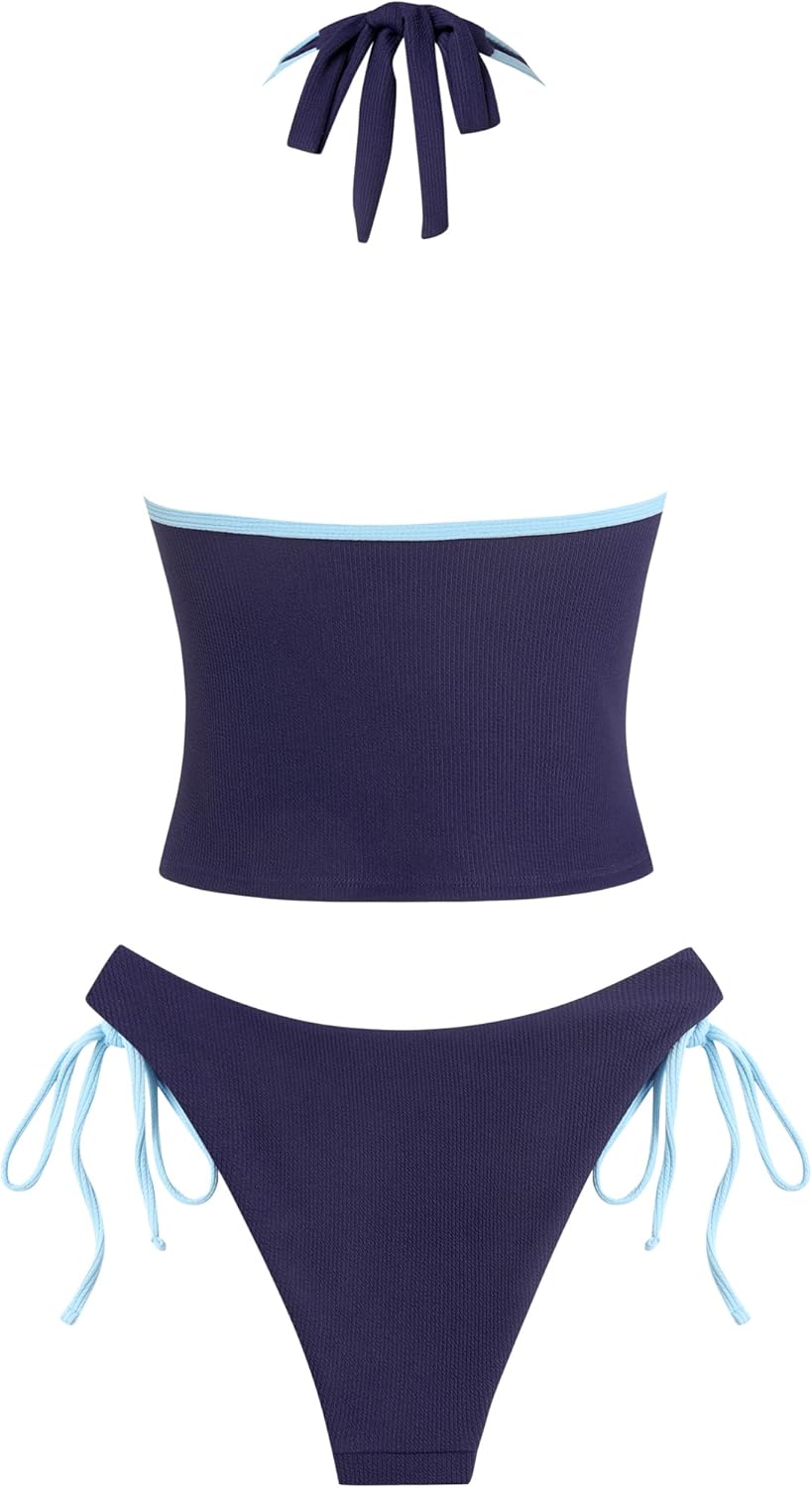 ZAFUL Women V-Neck Halter Tankini Swimsuits Tummy Control Two Piece Sets Cheeky High Cut String Tie Side Bathing Suit