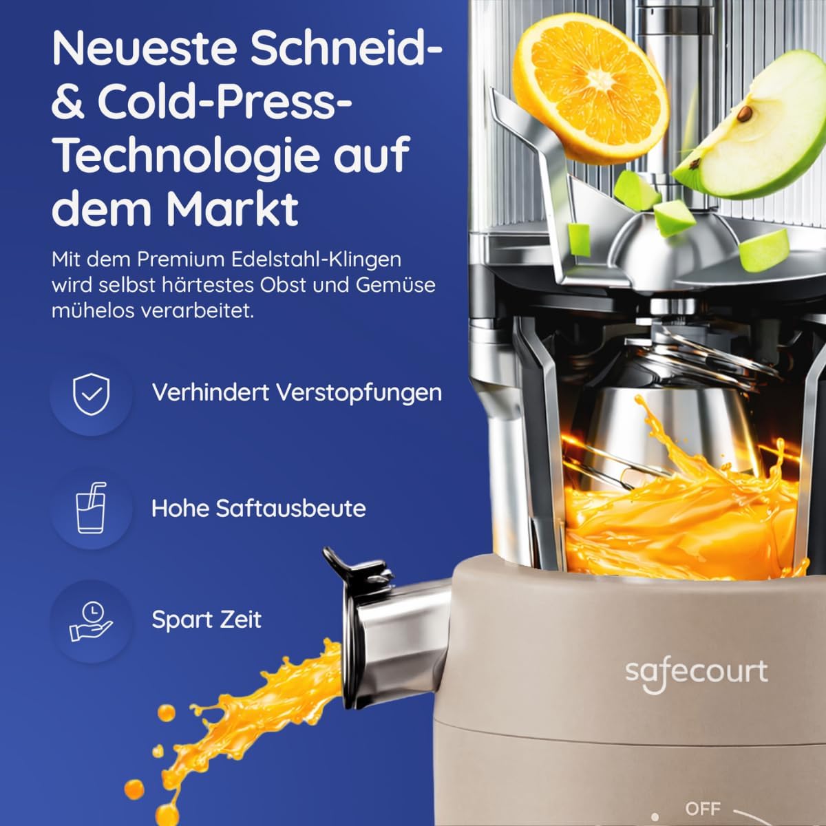 Close-up of the Safecourt Slow Juicer SJ500's internal pre-cutter mechanism