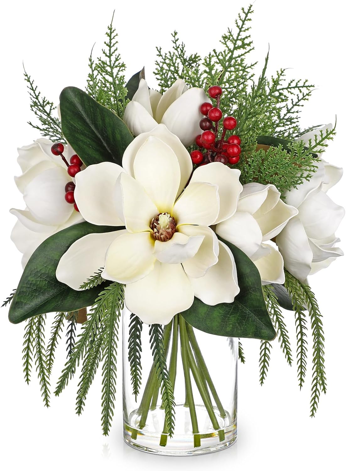 Briful White Christmas Magnolia Flower Arrangement in Glass Vase, 14.9" Artificial Magnolia with Winter Berries Cedar Silk Floral Centerpiece for Holiday Table Mantle Xmas Decor