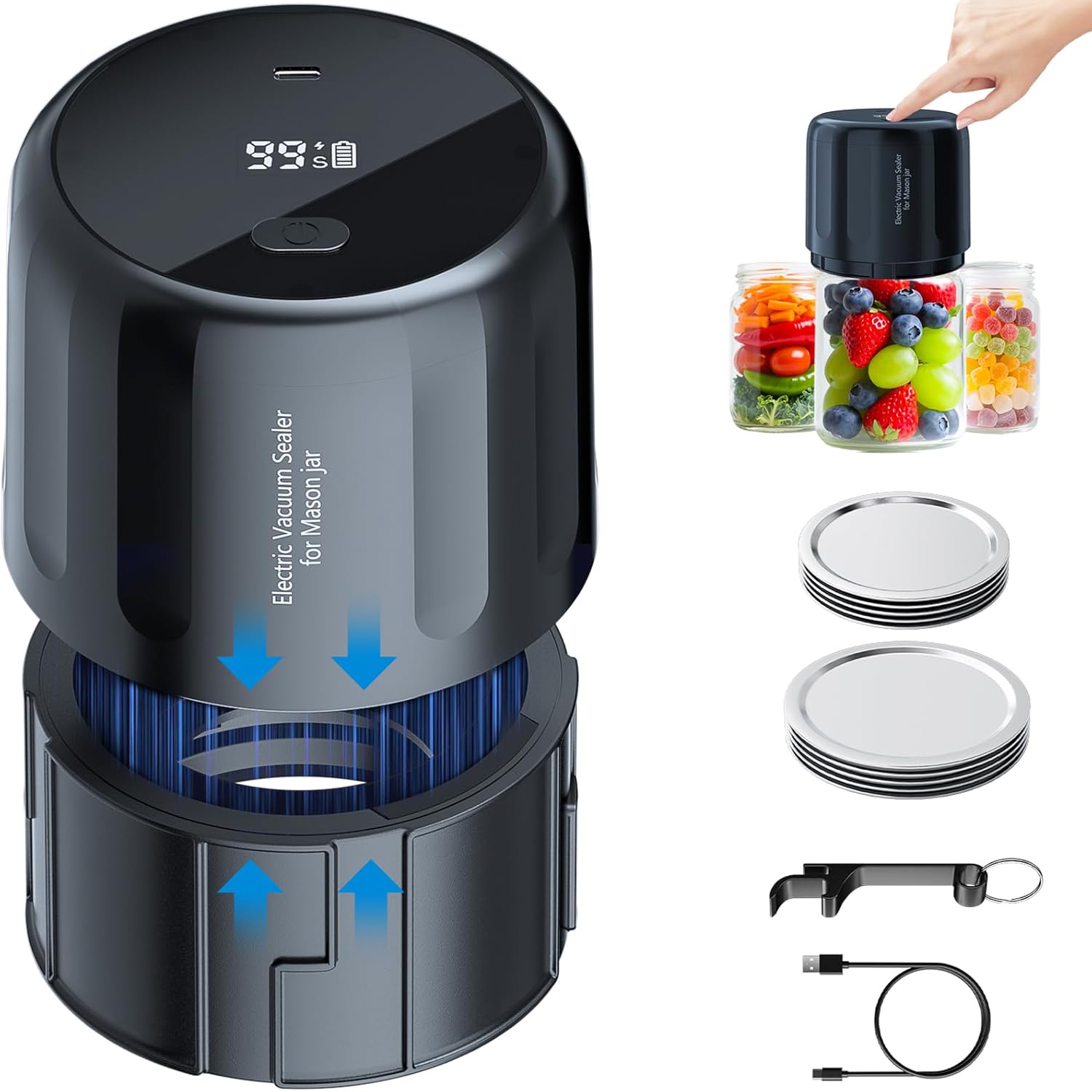 2025 Upgraded Auto Stop Electric Mason Jar Vacuum Sealer, The Original USA Patents Pending with Wide & Regular Mouth lids, Equipped with Large Screen and Battery Level Display (Carbon Black)