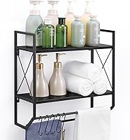 Vista 1 de Toallero de baño de 2 niveles, soporte para toallas de pared con estante, estantes de baño con toallero y ganchos, estante de pared industrial sobre