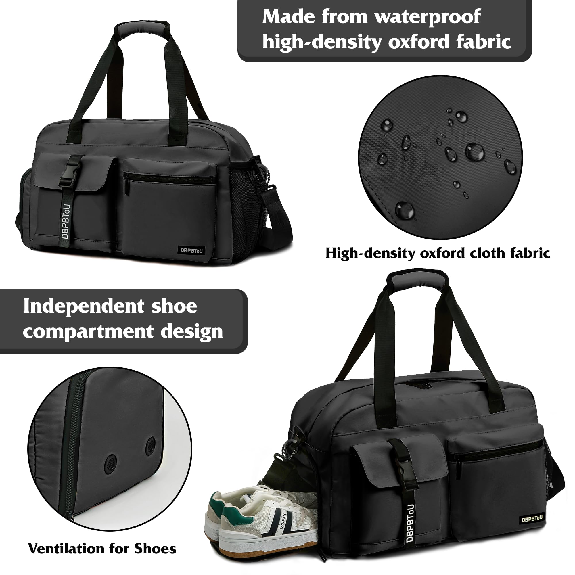 Sac de Sport Femme Homme, Sac Sport avec Compartiment à Chaussures de Ventilation, Sac de Voyage Femme Imperméable avec Compartiment Humide (Noir)