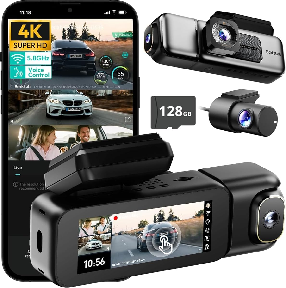 BOTSLAB 3 Channel Dash Cam 4K with 128GB Card, 3.18" Touch Screen, Voice Control, 4K Dash Cam Front and Rear Inside Loop Recording, 5.8GHz WiFi, GPS, Night Vision, WDR, Parking Mode