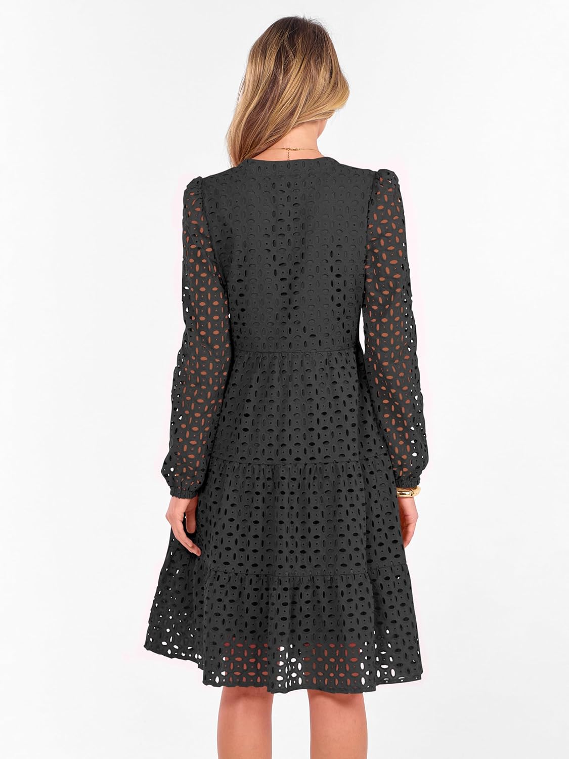 ANRABESS Womens Long Sleeve V Neck Midi Dresses Hollow Out Eyelet Casual Tiered 2025 Fall Beach Vacation Dress with Pockets - Image 4