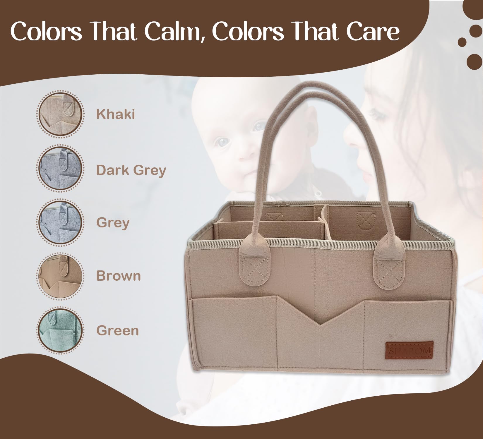 SHAROM Nappy Caddy Organiser. Sturdy & Portable Baby Diaper Cady with 3 Big Adjustable Compartments & 8 Big Pockets For Storage. Washable Diaper Caddy for Newborn Essentials,34 * 22 * 18 cm (Brown) - Image 4