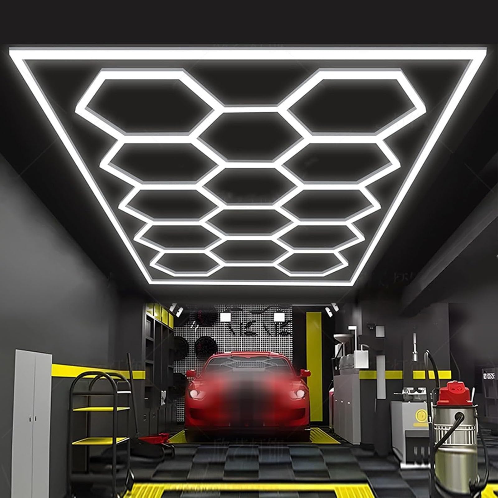 ROMOZ Lampe LED hexagonale alvéolée pour Plafond ou Mur d'atelier Automobile, éclairage LED 6500K, avec Cadre, idéale pour postes Travail et ateliers 14 Grids