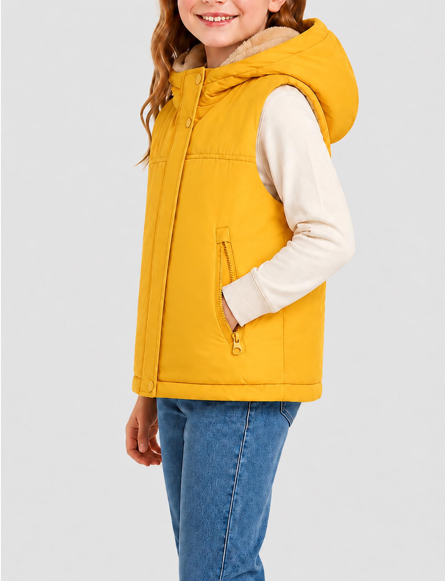 Gilet trapuntato per bambini e bambine, invernale, caldo, foderato in pile, giacca softshell con cappuccio, chiusura lampo, cappotto invernale antivento, senza maniche