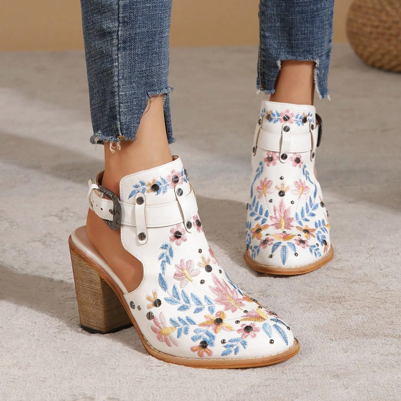 Women's Floral Embroidery Ankle Boots Buckled Backless Western Vintage Wooden Chunky Heeled Booties