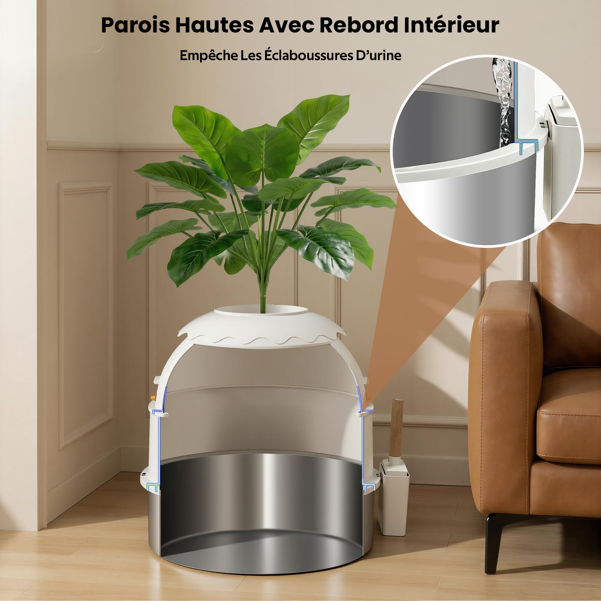 Bac à litière pour chat, Litière Plante en Acier Inoxydable avec Décoration de Plante, Enceinte avec Porte Claire, Inclut Pelle et Tapis à Litière, Contrôle des Odeurs Blanc