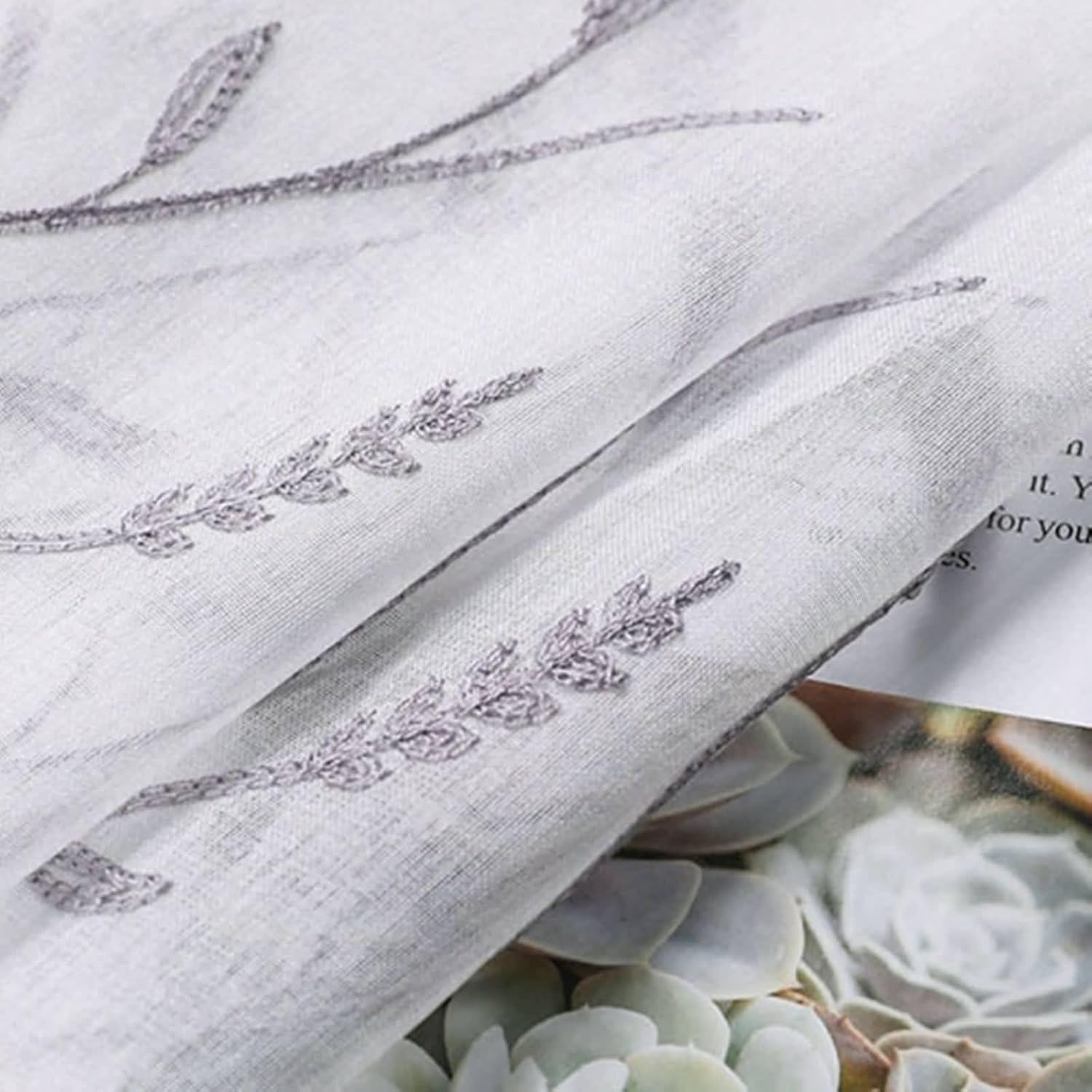 Semi Blackout Curtains 63 Inch Length, Embroidered Branch Vine Pattern Sheer Curtain Semi Transparent, Grey, 54W x 63L inch