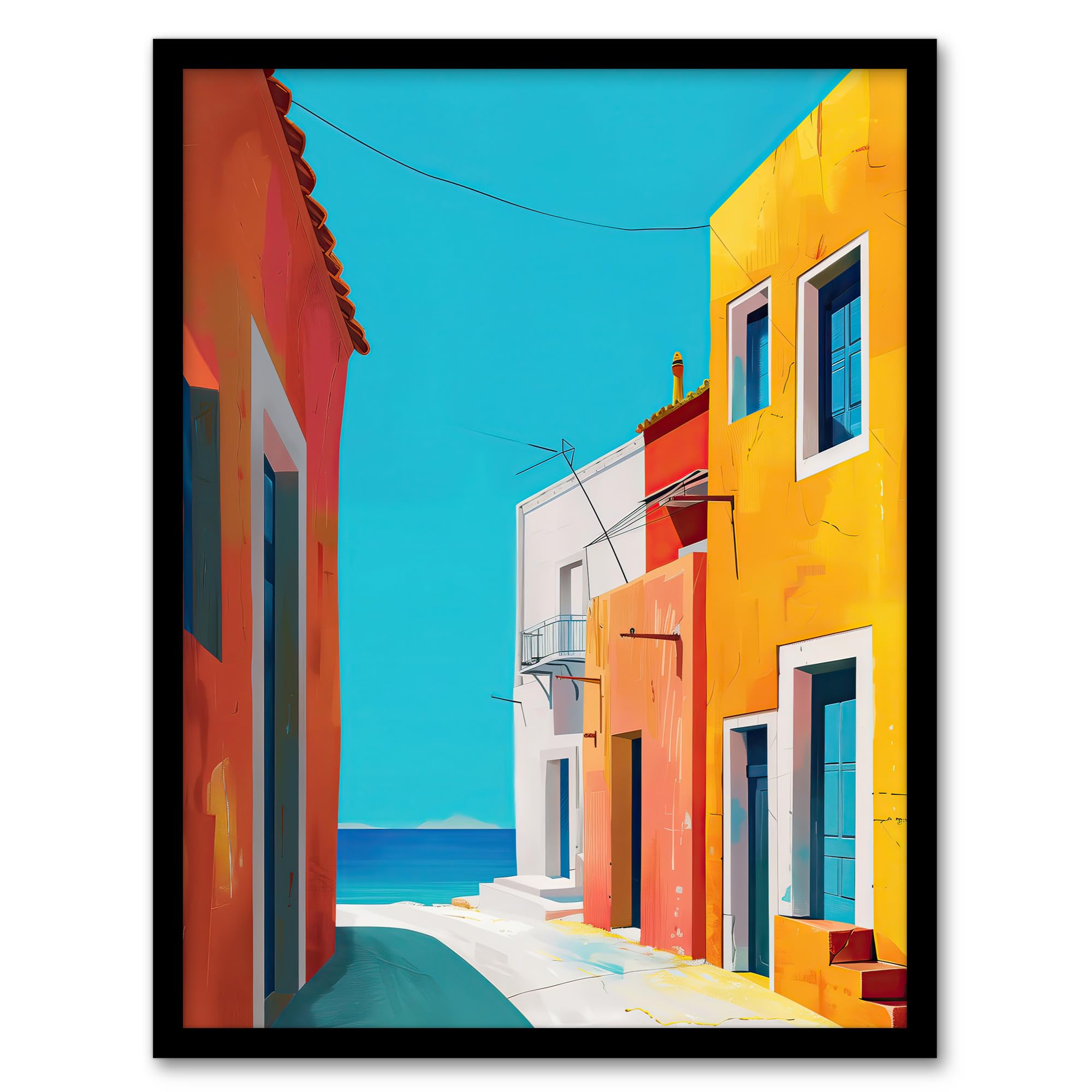 Artery8 Bright Colourful Mediterranean Italian Painting Bathroom Toilet Artwork Framed Wall Art Print 18X24 Inch