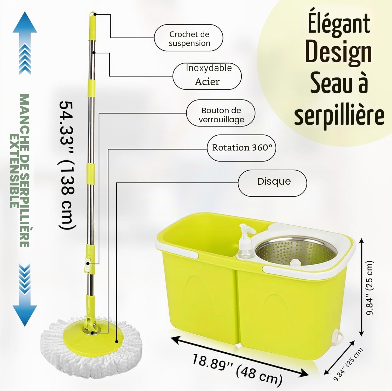 ARSUK Serpillière avec Seau Essoreur et Balai Rotatif – Ensemble Balai Serpillère pour Lavage du Sol | Seau Double Compartiment avec Essorage Automatique | 4 Têtes de Rechange et 1 Support de Balai
