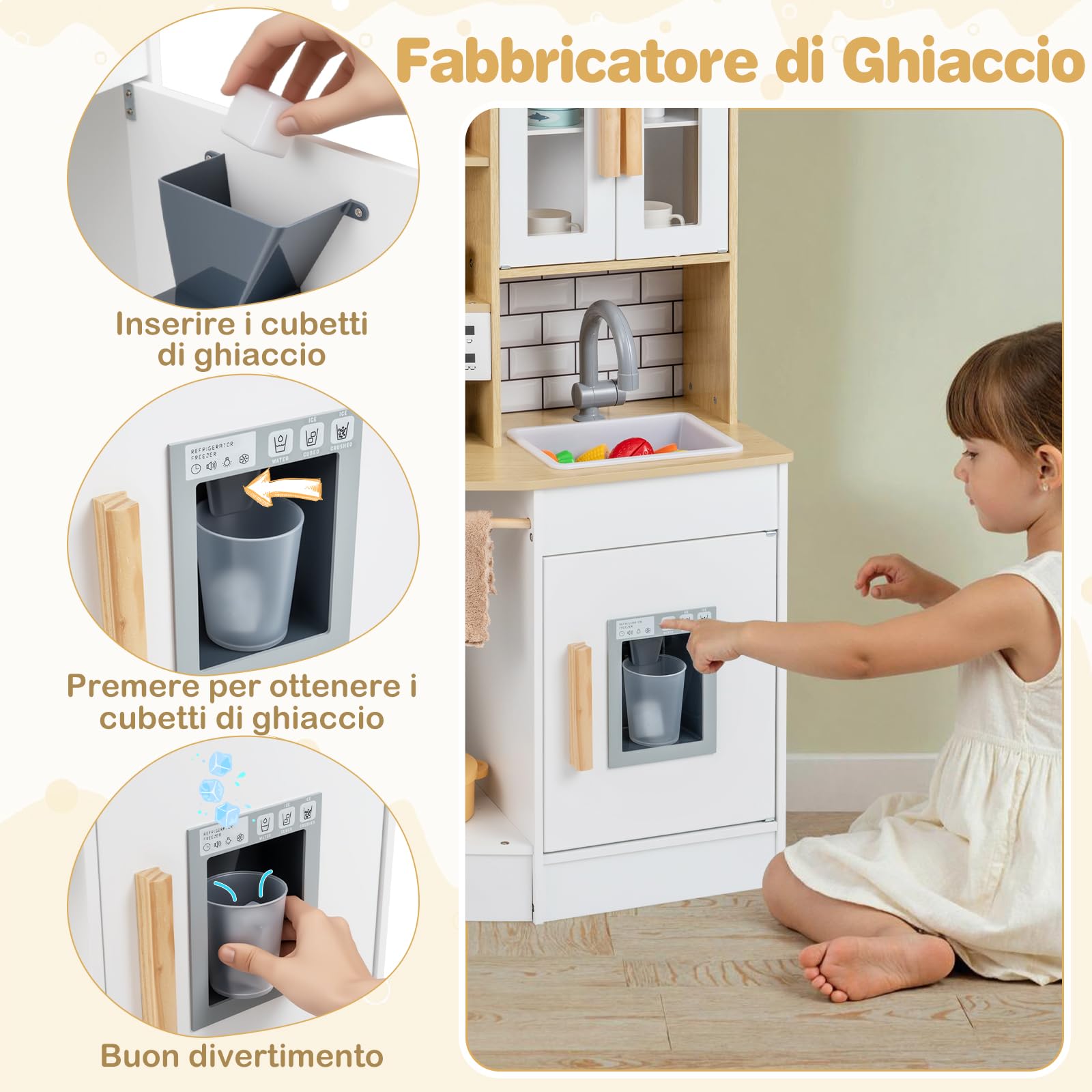COSTWAY Cucina Giocattolo per Bambini, Cucinetta in Legno con Suoni e Luci, Fornello, Lavandino, Macchina del Caffè, Gioco Cucina di Ruolo per Bambini 3+ Anni (Naturale)