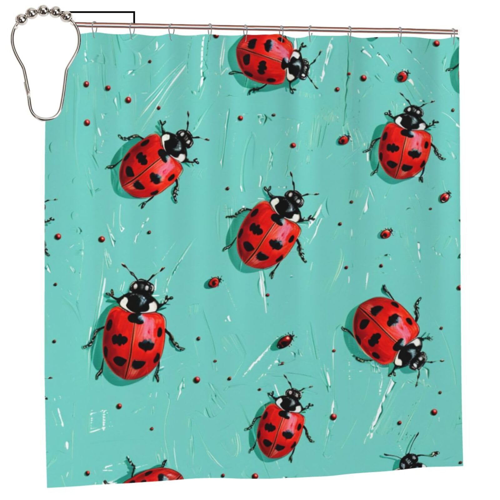 BWWHCCTI Red Ladybugs On A Blue Background Printed Shower Curtain With 12 Iron Hooks Opaque Quick Drying Waterproof Shower Curtains Sets For Bathroom 183x183 CM