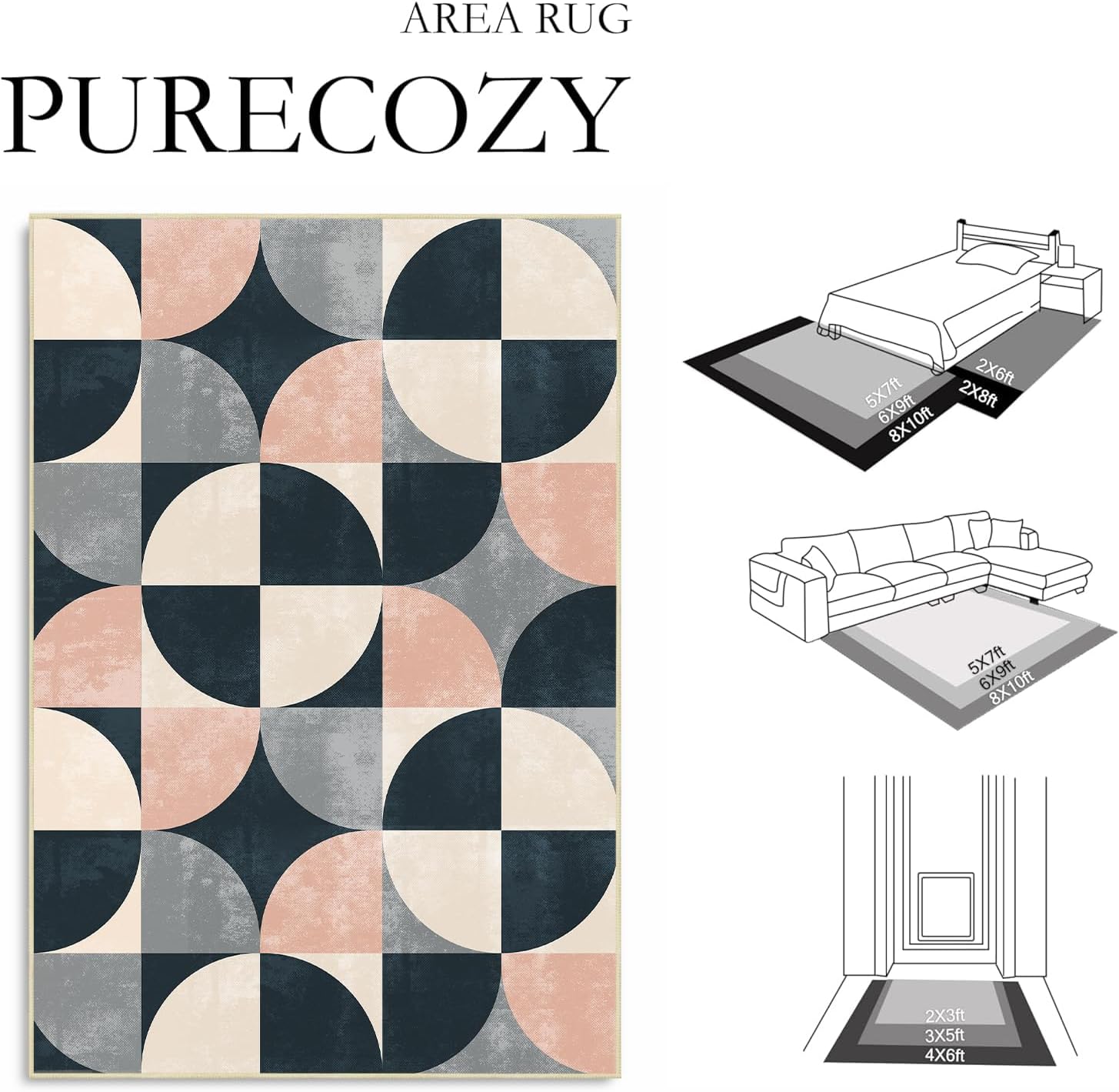 Geometric 3x5 Area Rug Abstract Neutral Rugs Machine Washable Non-Slip Low-Pile Pink Grey Floor Carpet Mat for Living Room Bedroom Kitchen Bathroom