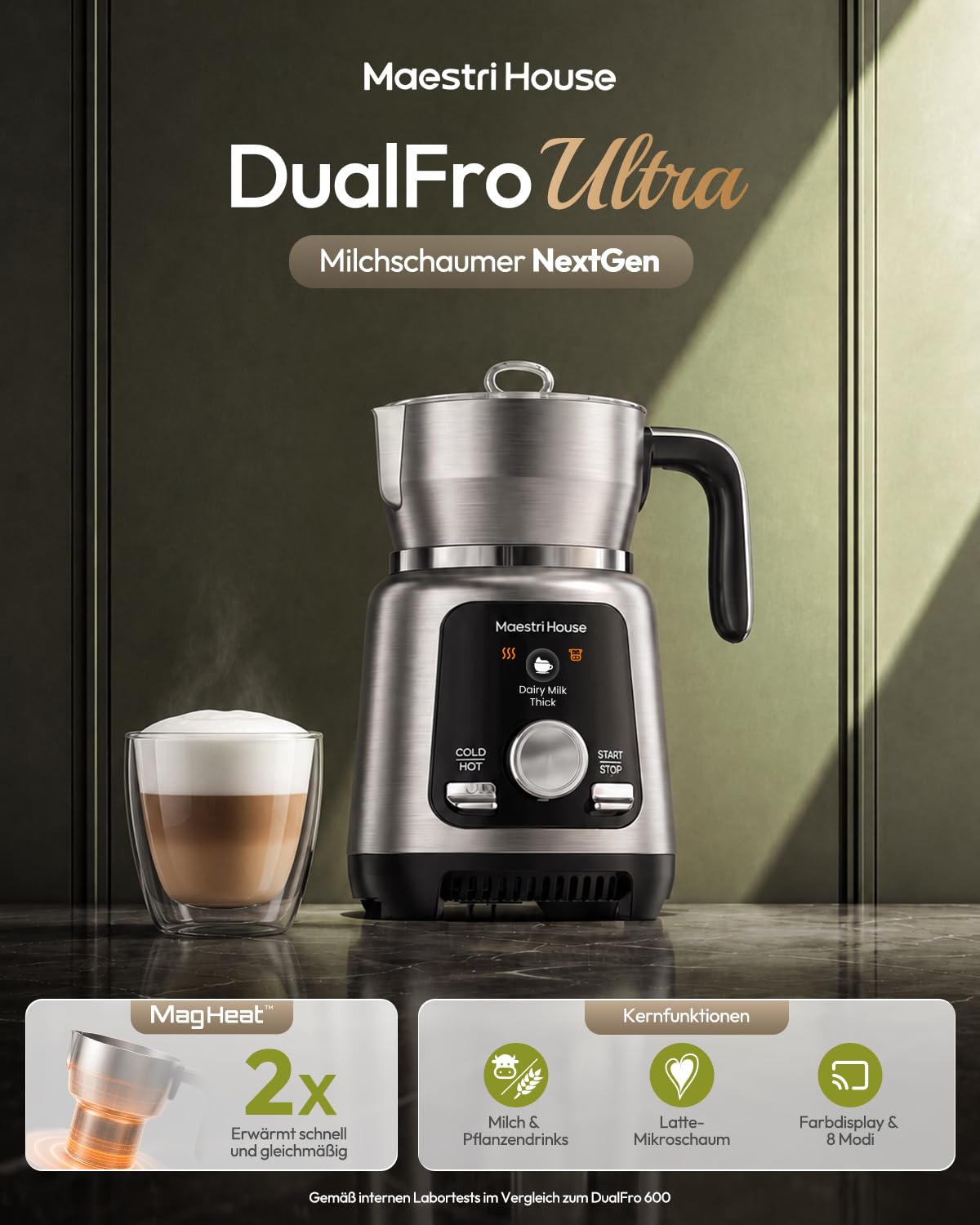 Maestri House IH Milchaufschäumer, 500 ml, geräuscharmer Milchaufschäumer und elektrischer Milchaufschäumer für Kaffee, Cappuccino, Macchiato, Latte Art, spülmaschinenfest, LED-Anzeige, DualFro Ultra