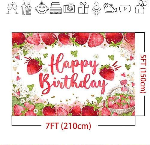 Miniatura 5 de Mocsicka Telón de fondo de cumpleaños de fresa para decoración de fiesta de cumpleaños de niña de fresa, fondo de fotografía de cumpleaños de dulce
