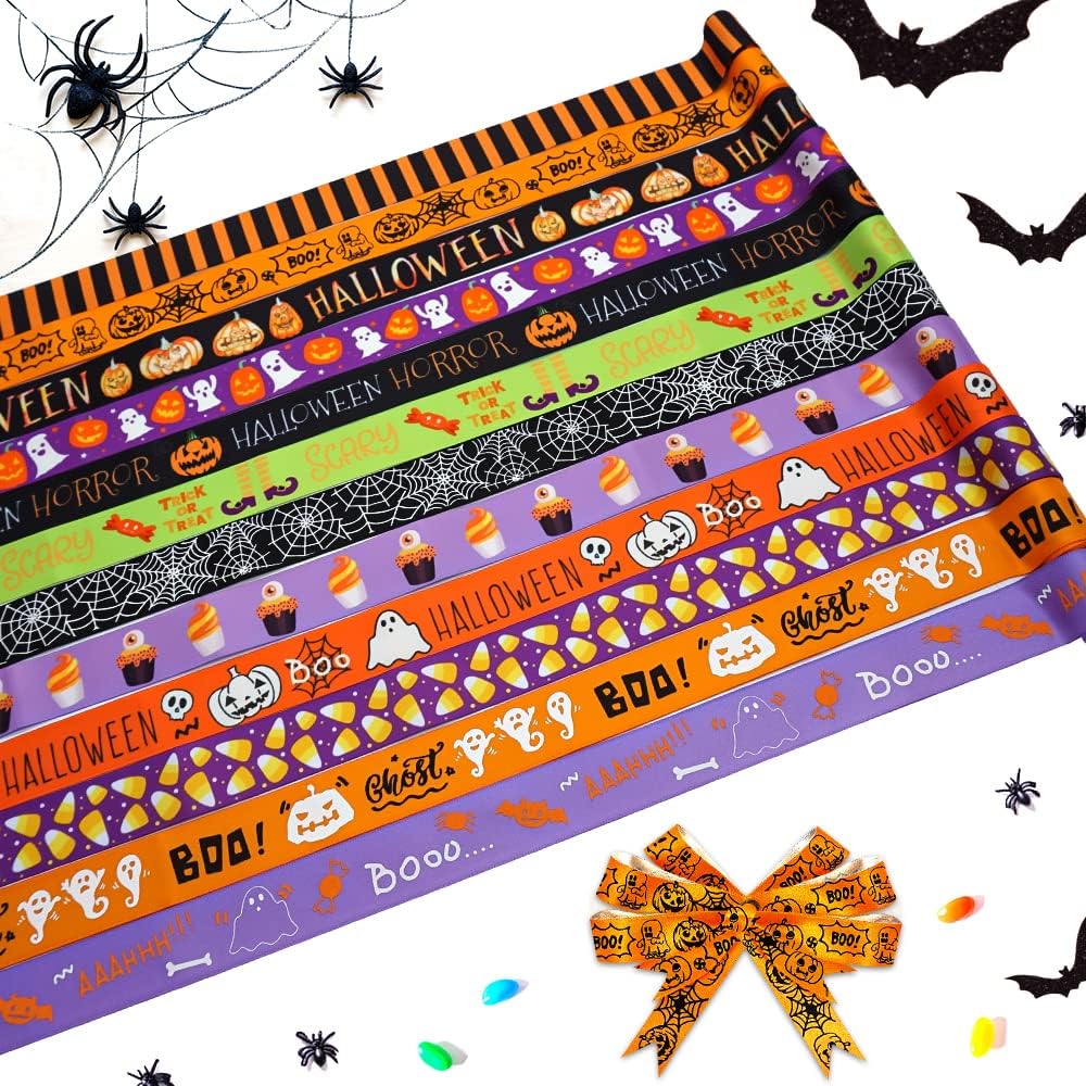 Hying 12 PCS Halloween Ribbons for Gift Wrapping, 4/5" Width Halloween Bats Pumpkin
