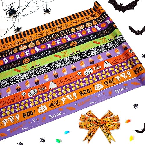 Hying 12 cintas de Halloween para envolver regalos, 45 pulgadas de ancho, murciélagos de Halloween, calabazas, cintas de satén naranja, negro y disponible en Yaxa Costa Rica