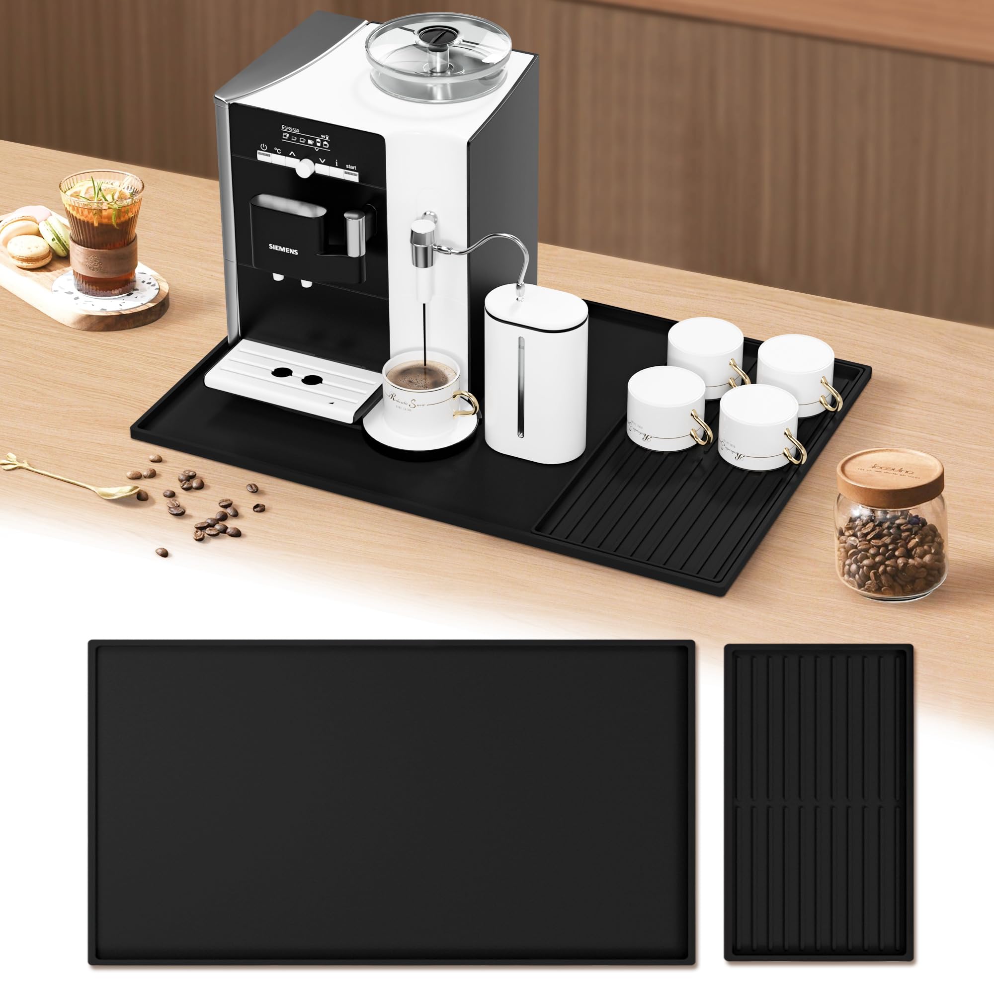 SOSMAR Tappetino in Silicone per Caffè con Bordo Rialzato e Vassoio Separabile 60x40 cm, per Macchina da Espresso, Scolapiatti e Asciugapiatti (Nero)