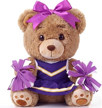 Seenelling 10 Inch Cheerleader Bear Plush-Back to School Cheer Gift Cute Cheerleading Stuffed Animal in Cheer Uniform with Pom Poms and Bow for Team Competition School Spirit Party FavorsPurple