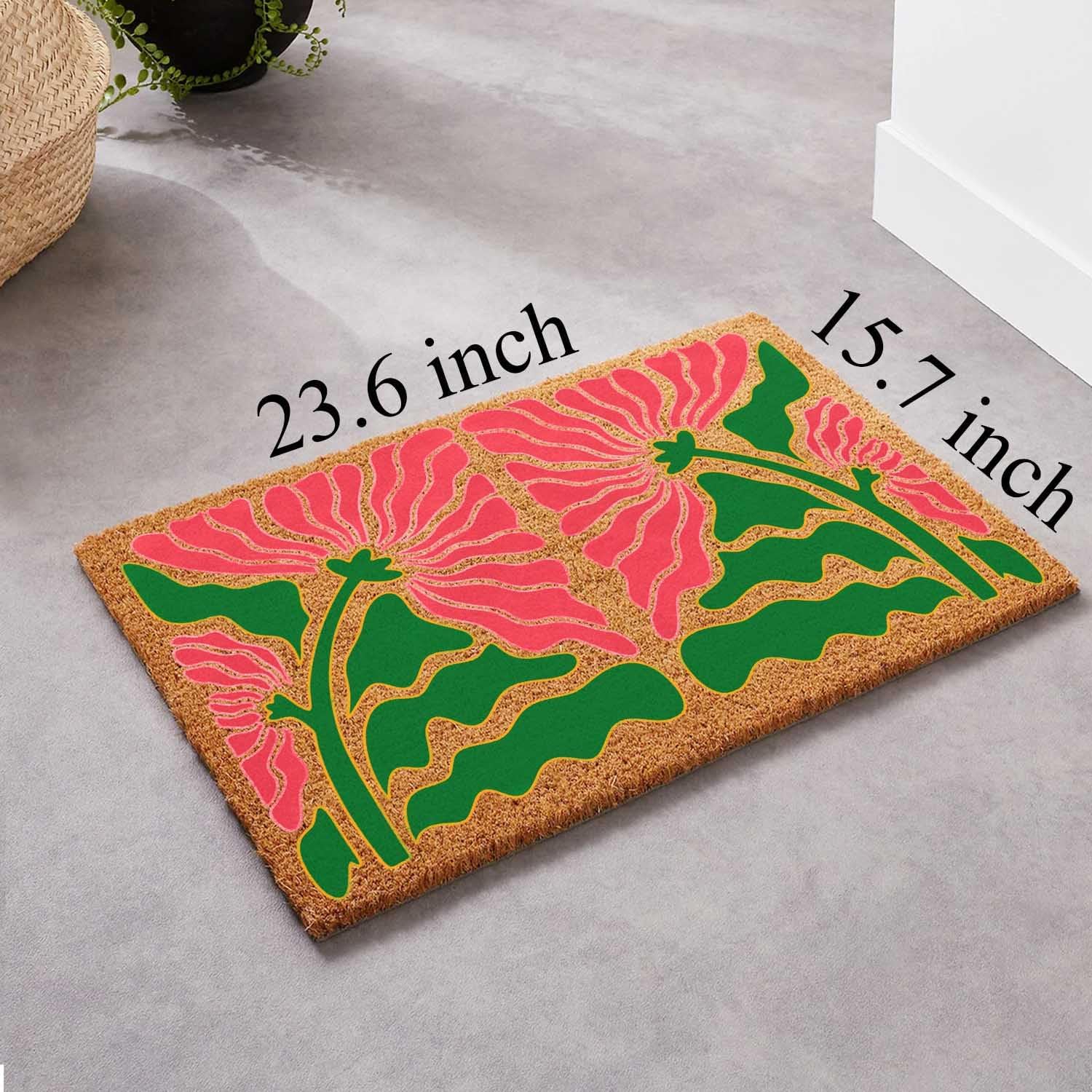 Funny Coir Doormat Retro Poppy Boho Modern Floral Rugs with Heavy-Duty PVC Backing Non Slip Outdoor 23.6 x 15.7 inch