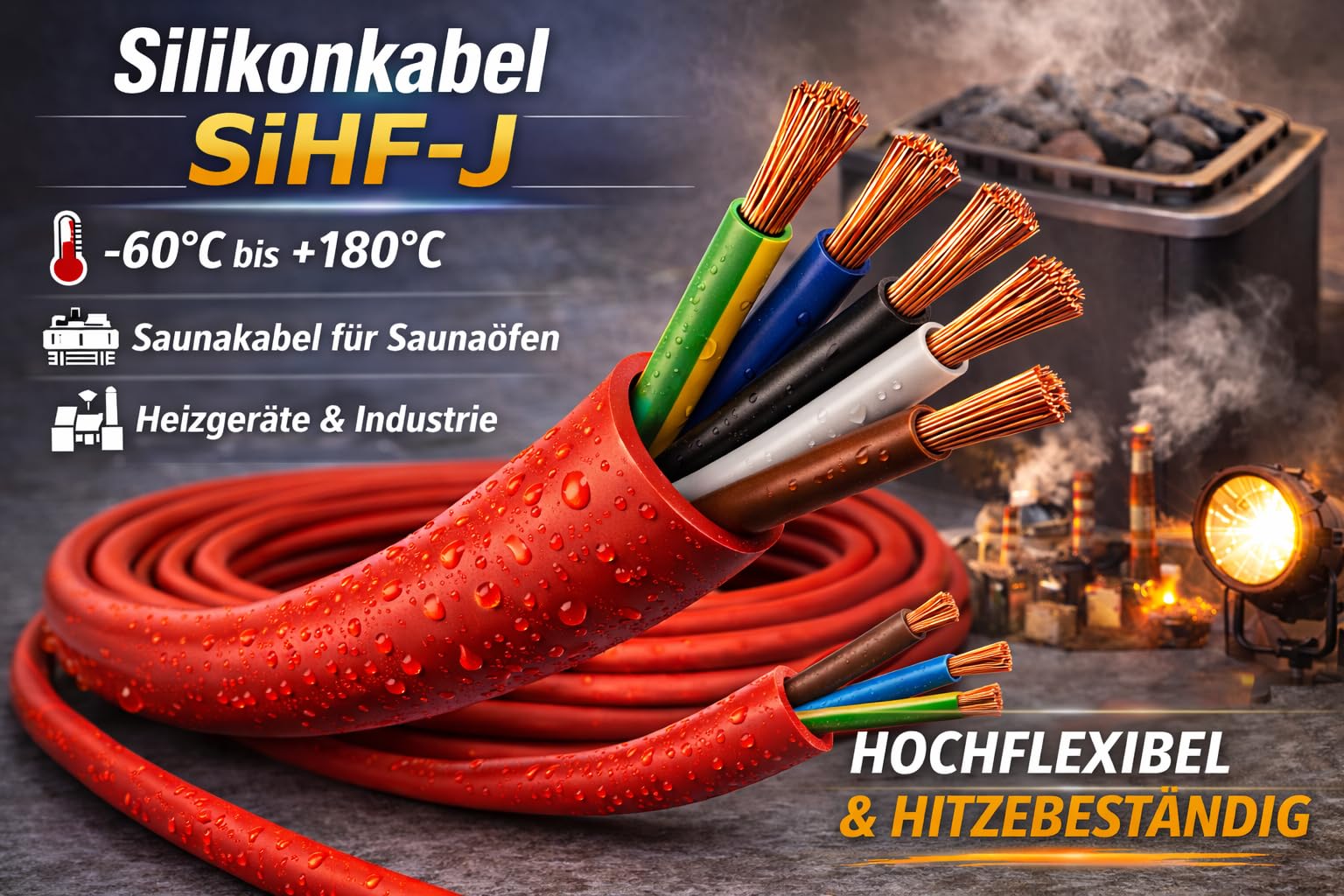 Silikonkabel SiHF-J Meterware - Hitzebeständige Silikonleitung - Saunakabel für Saunaofen und Heizgeräte - flexibel -60 bis +180C - verschiedene Querschnitte (3x1,5 mm², 20 Meter)