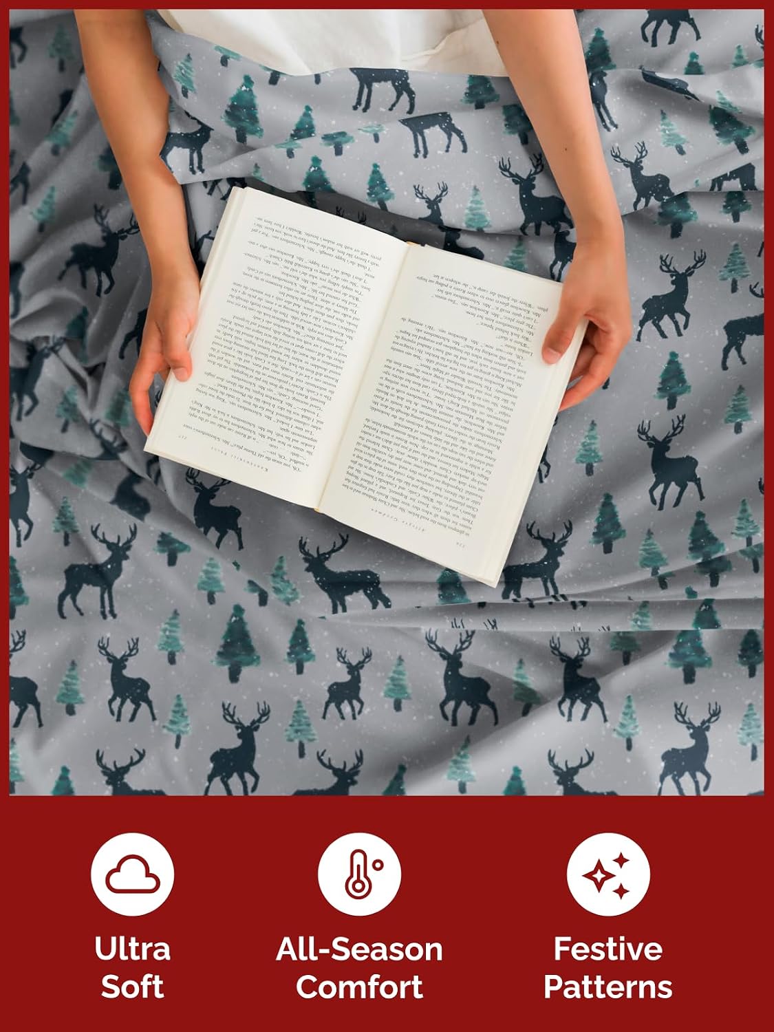Queen Christmas Reindeer Sheet Set - Holiday Xmas Pattern Bedding Set - Deep Pockets - Snug Fit - 4 Piece - Wrinkle Free & Easy Fit - Comfy Festive Winter - Holiday Sheets for Women, Men, Kids & Teens