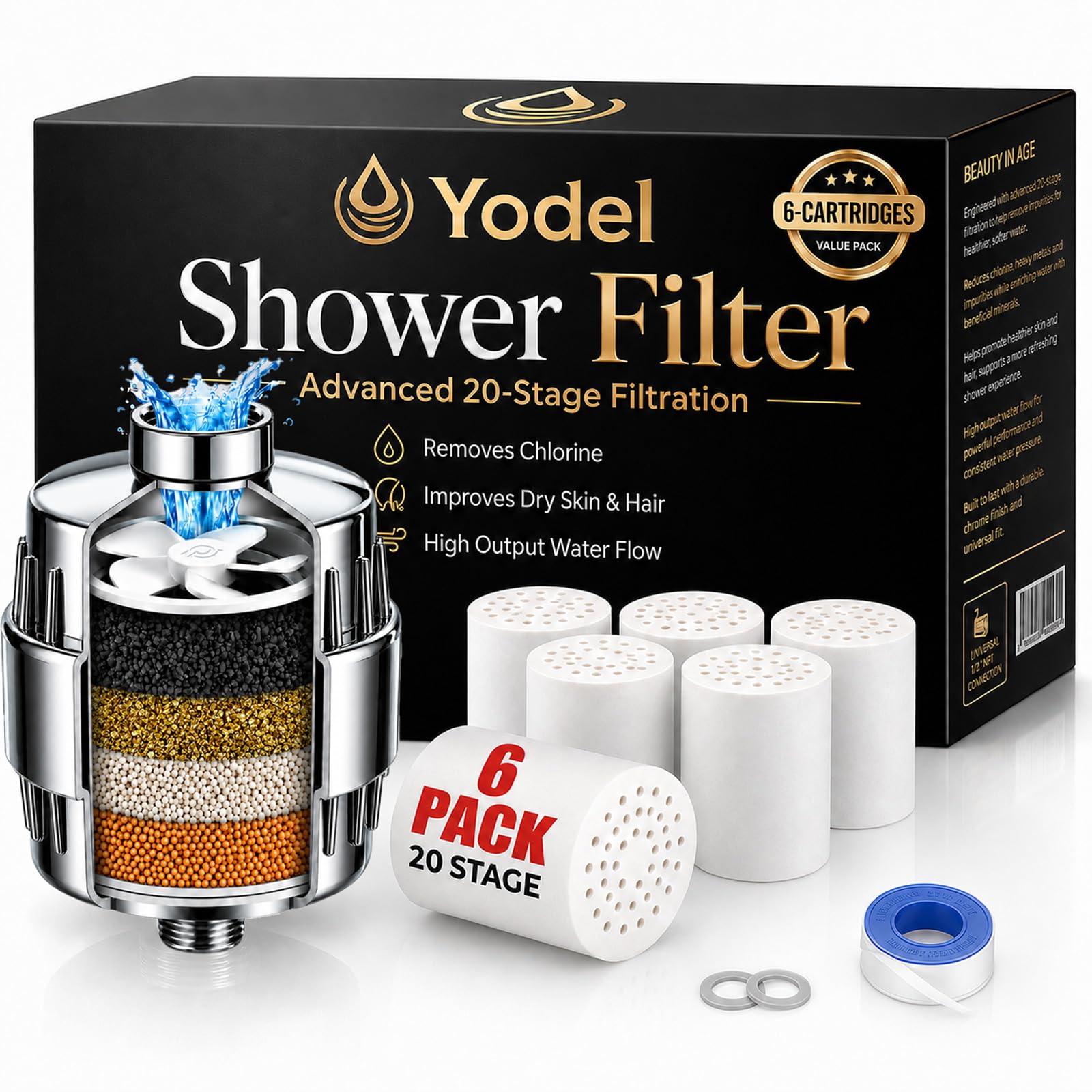 Yodel Duschfilter mit 6 Ersatzkartuschen, Inline-Duschkopffilter für hartes Wasser, Wasserfilter zur Reduzierung von Chlor & Verunreinigungen, universell passend für Regenfälle & Handbrausen, Chrom
