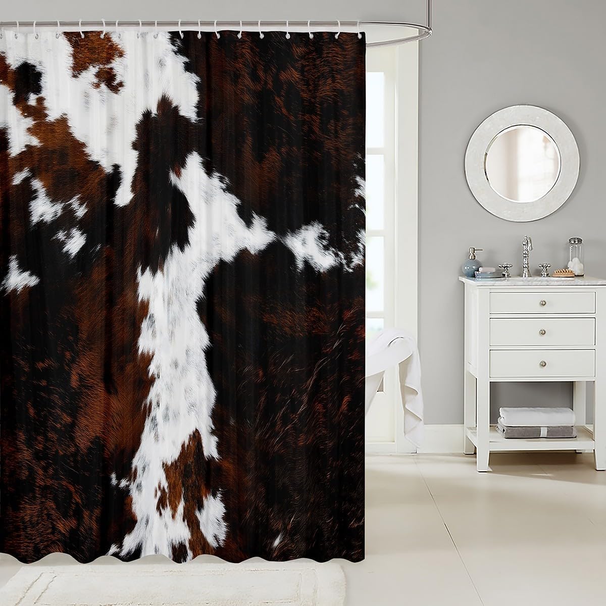 Farmhouse Cowhide Print Bath Curtain for Bathroom Decor,Abstract Maroon and White Cow Fur Pattern Waterproof Shower Curtains with 12 Holes,Animal Fabric Shower Curtains for Bathtubs 72" W x 78" L