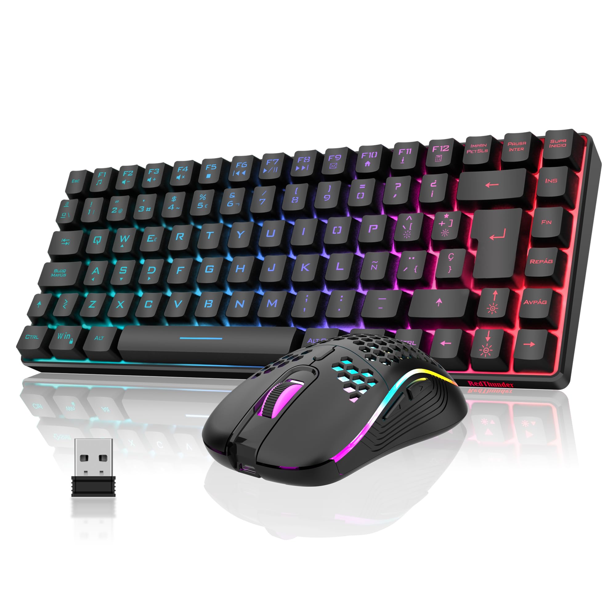 RedThunder 75% Wireless Gaming Keyboard,RGB Backlight,3200 dpi Lightweight Cellular Mouse,Ultra-Compact 85 Keys Anti-ghosting Keyboard,ES Layout,for PC/PS5/Xbox