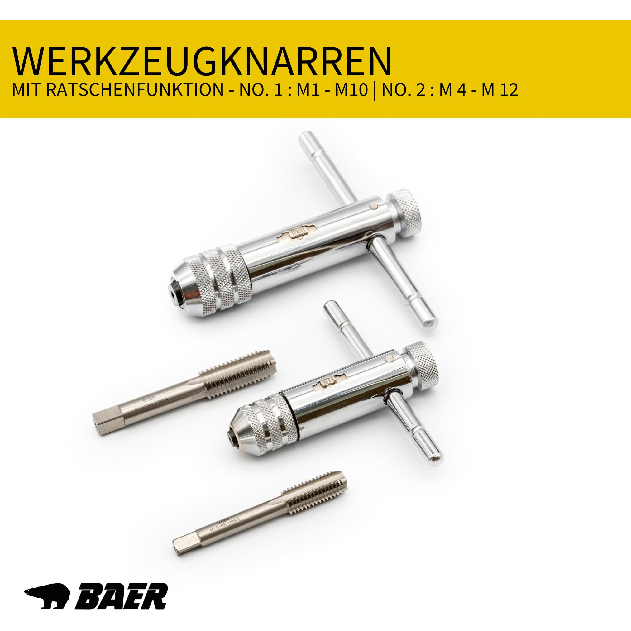 BAER Gewindeschneider Set 30-tlg. M3–M12 HSS-G | Handgewindebohrer + Schneideisen DIN 352/DIN 13 | Windeisen & Schneideisenhalter in Metallkassette | Profi Gewindeschneidsatz Innen- & Außengewinde