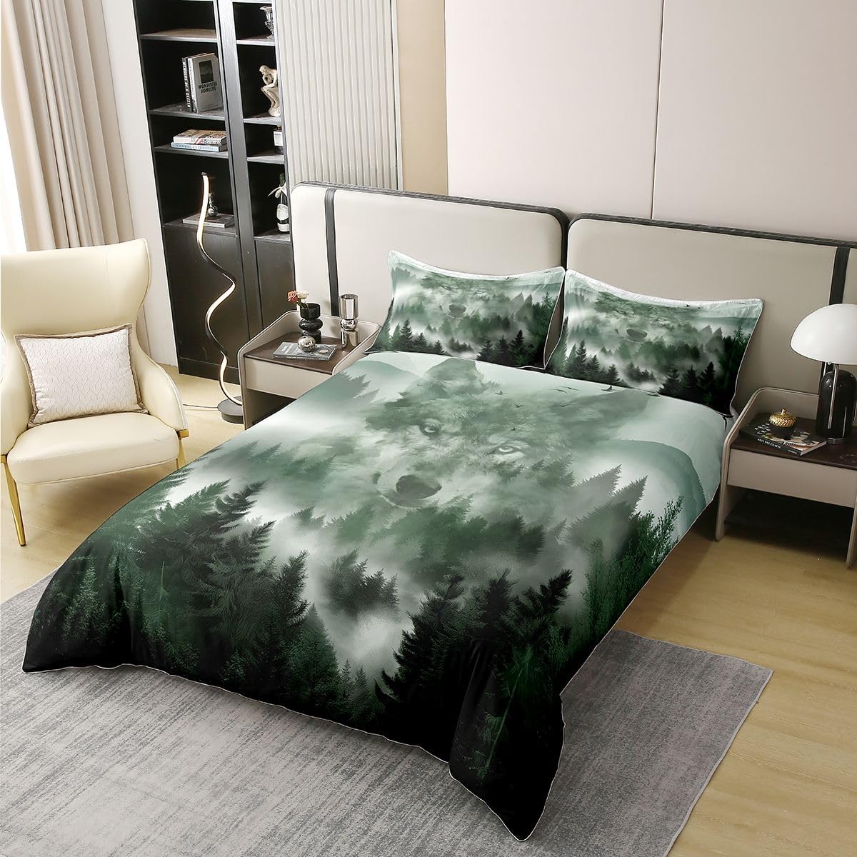 Homewish Wolf Smoky Mountain King pościel, dżungla, dzikie zwierzę, bawełniana poszewka na kołdrę, naturalny krajobraz, poszewka na kołdrę, rustykalne zestawy łóżek