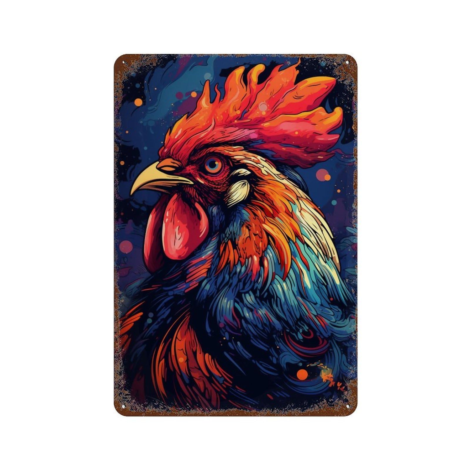 Colorful Rooster Illustration Decorative Tin Sign 11.8"x7.9", Vintage Wall Decor for Basement, Hobby Room And Garage Decor