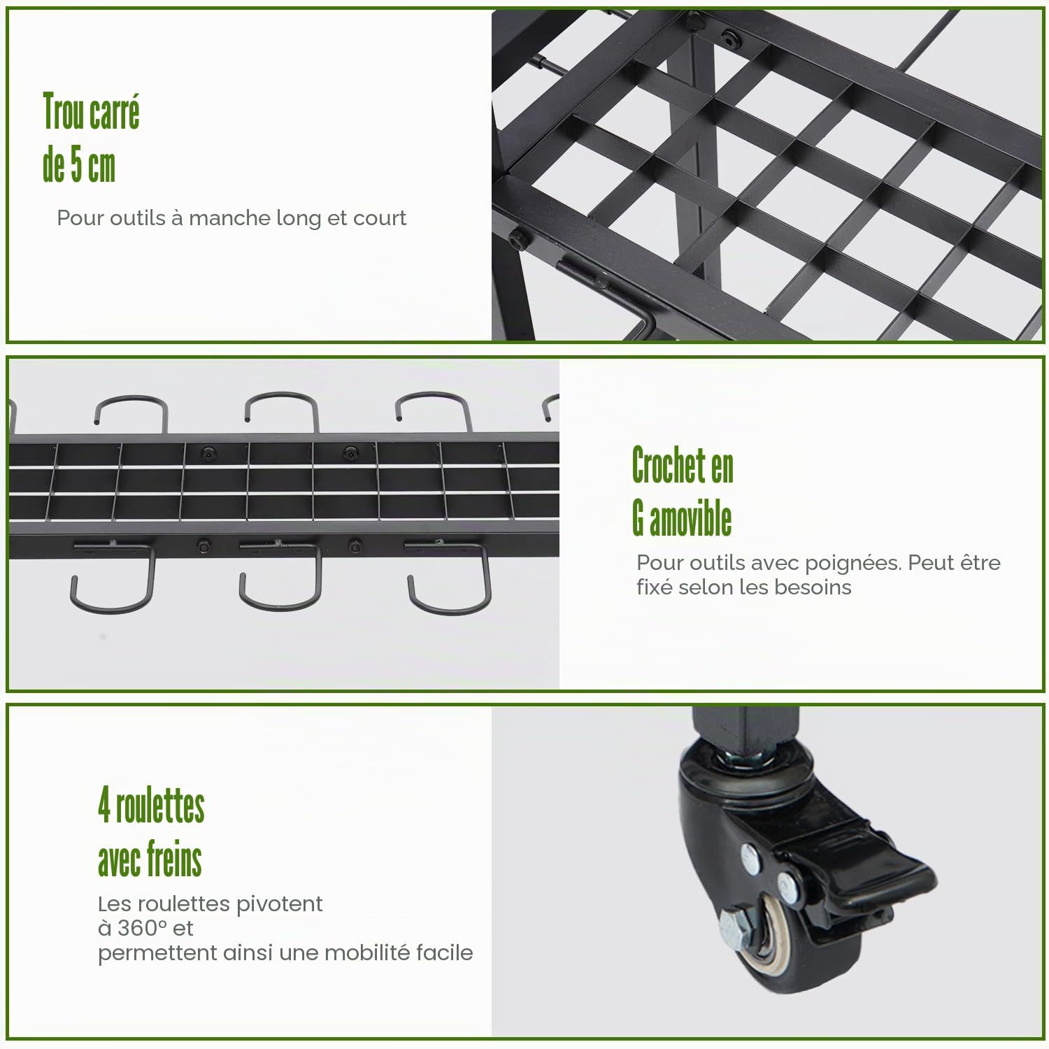 Étagère de rangement pour outils de jardin - En métal - Avec roulettes - Outil de nettoyage polyvalent - Pour garage et jardin