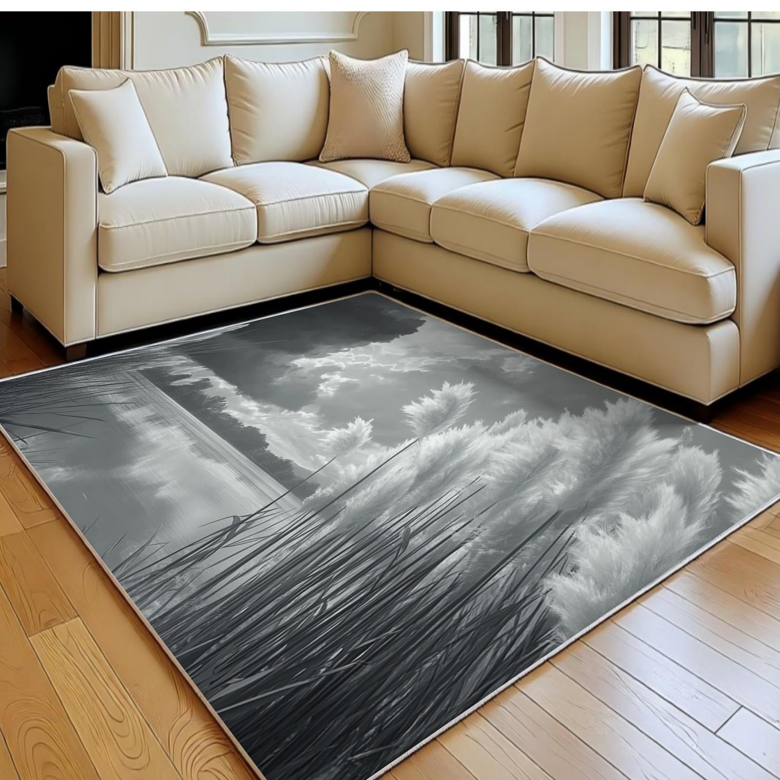 Tapis lavable en machine 120x180 blanc motif roseau avec dossier antidérapant pour la salle à manger