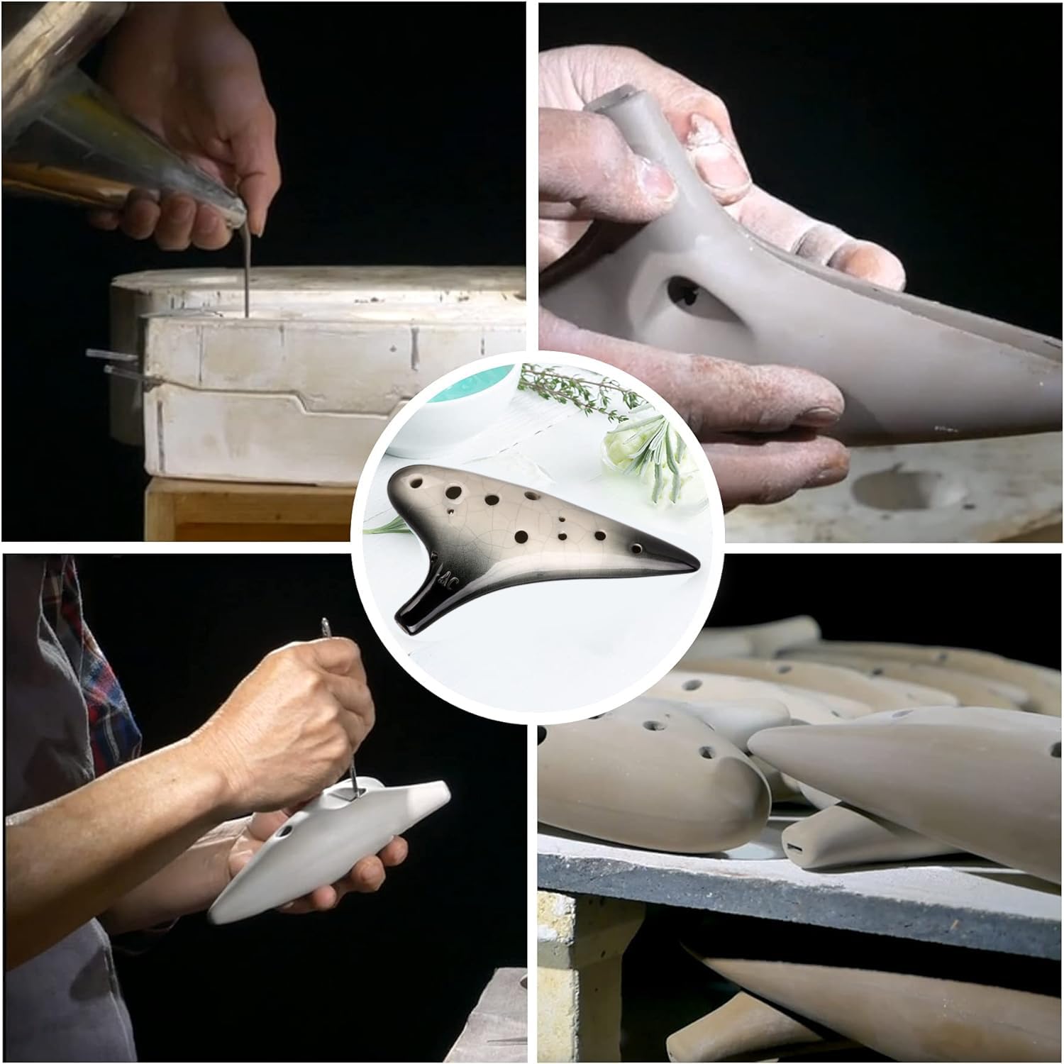 Ocarina de cerámica de 12 agujeros alto C con patrón agrietado con libro de texto y bolsa protectora, perfecta para principiantes y rendimiento profesional (negro degradado agrietado)