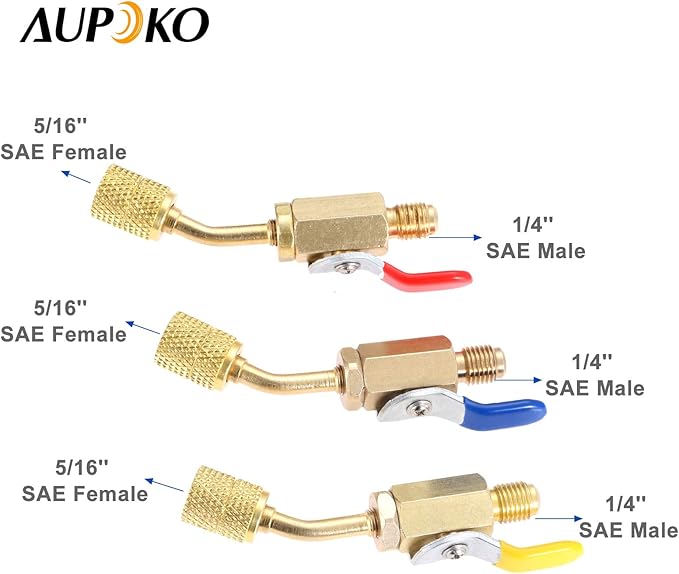 Válvula de Bola Compacta Angulada Aupoko R410A 5/16'' SAE Hembra a 1/4'' SAE Macho miniatura 2