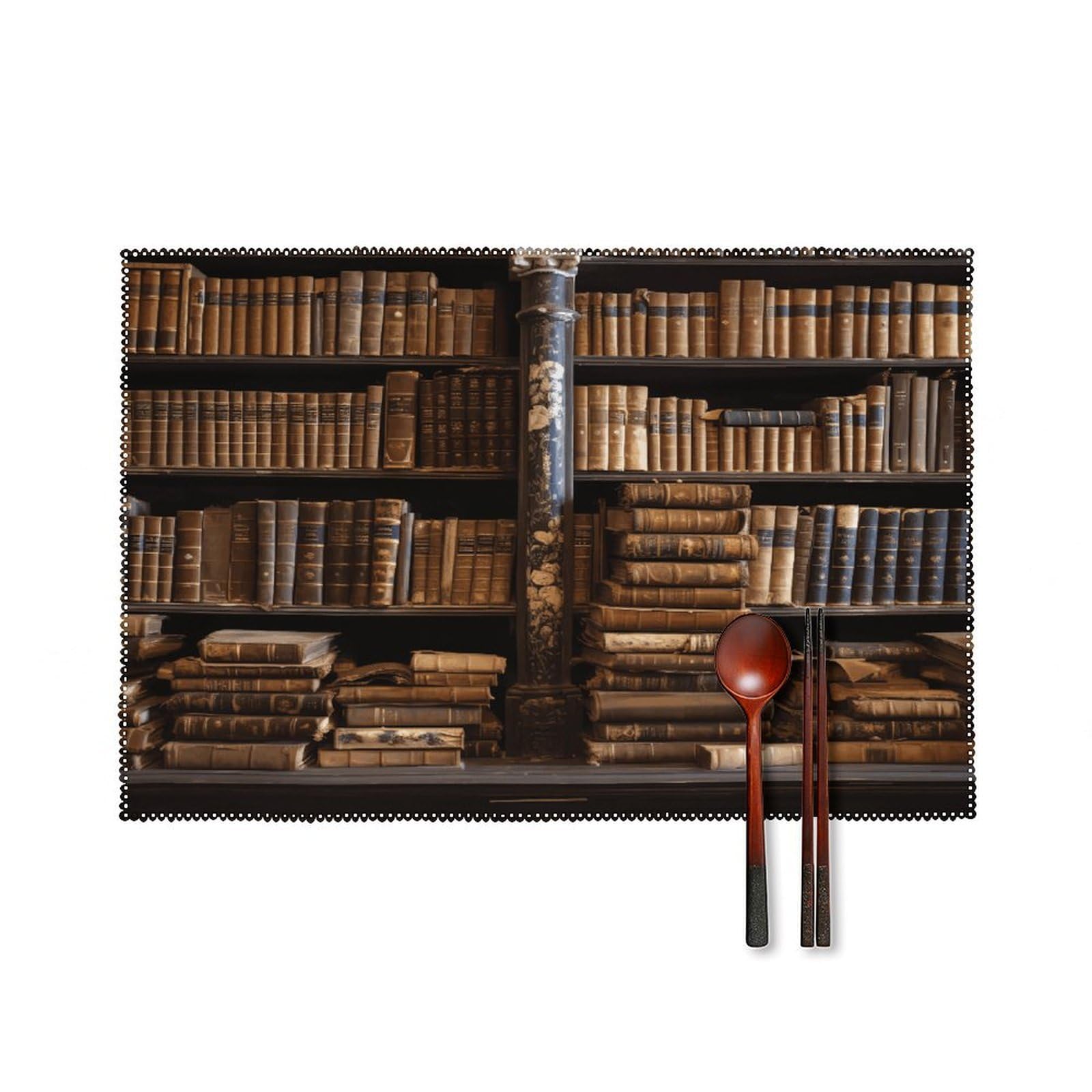 Old Books in Library Placemats Set of 4 Non-Slip Heat Resistant Table Mats Canvas Washable Cloth Place Mats Easy to Clean Premium Placemat for Kitchen Dining Table Decoration
