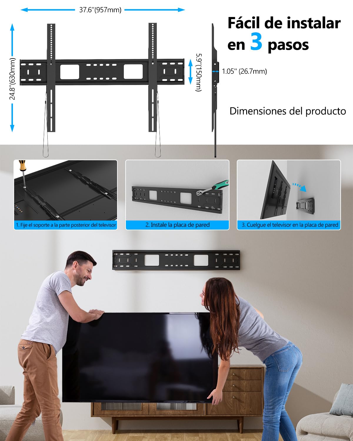 Soporte TV Pared Fijo Plano Ultra Delgado para 55-120 Pulgadas | Alta Resistencia Soporte TV Pared Capacidad hasta 125 kg para Televisores LED LCD Planos y Curvos, MAX VESA 900x600 mm