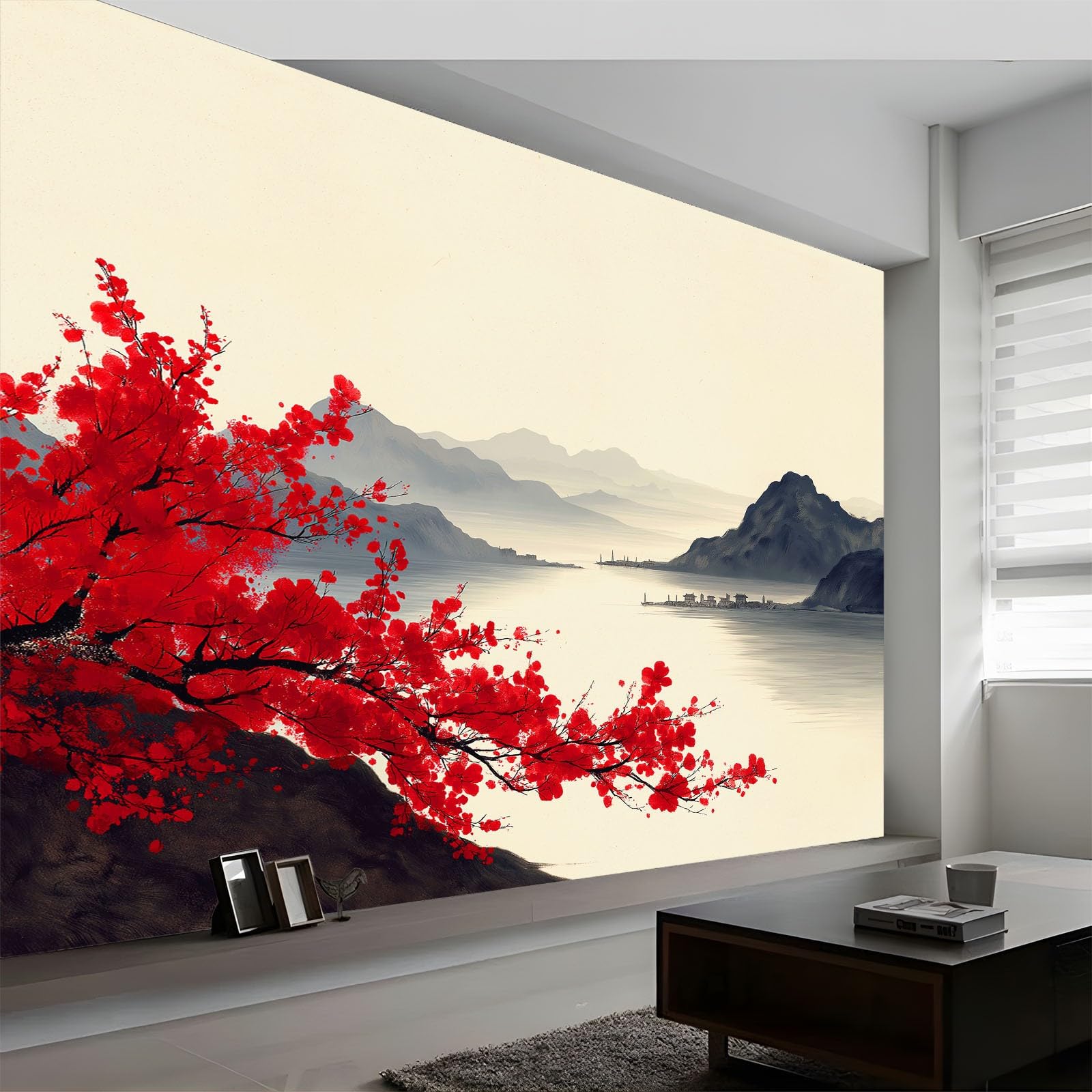 Panoramiczna tapeta Jezioro Mgła Góry Kwiaty, Fototapeta Nowoczesna 350 cm x 256 cm - Tapeta Dekoracja Domu Chińskie Malarstwo Krajobrazowe Do Salonu Pokój Dziecięcy Biuro