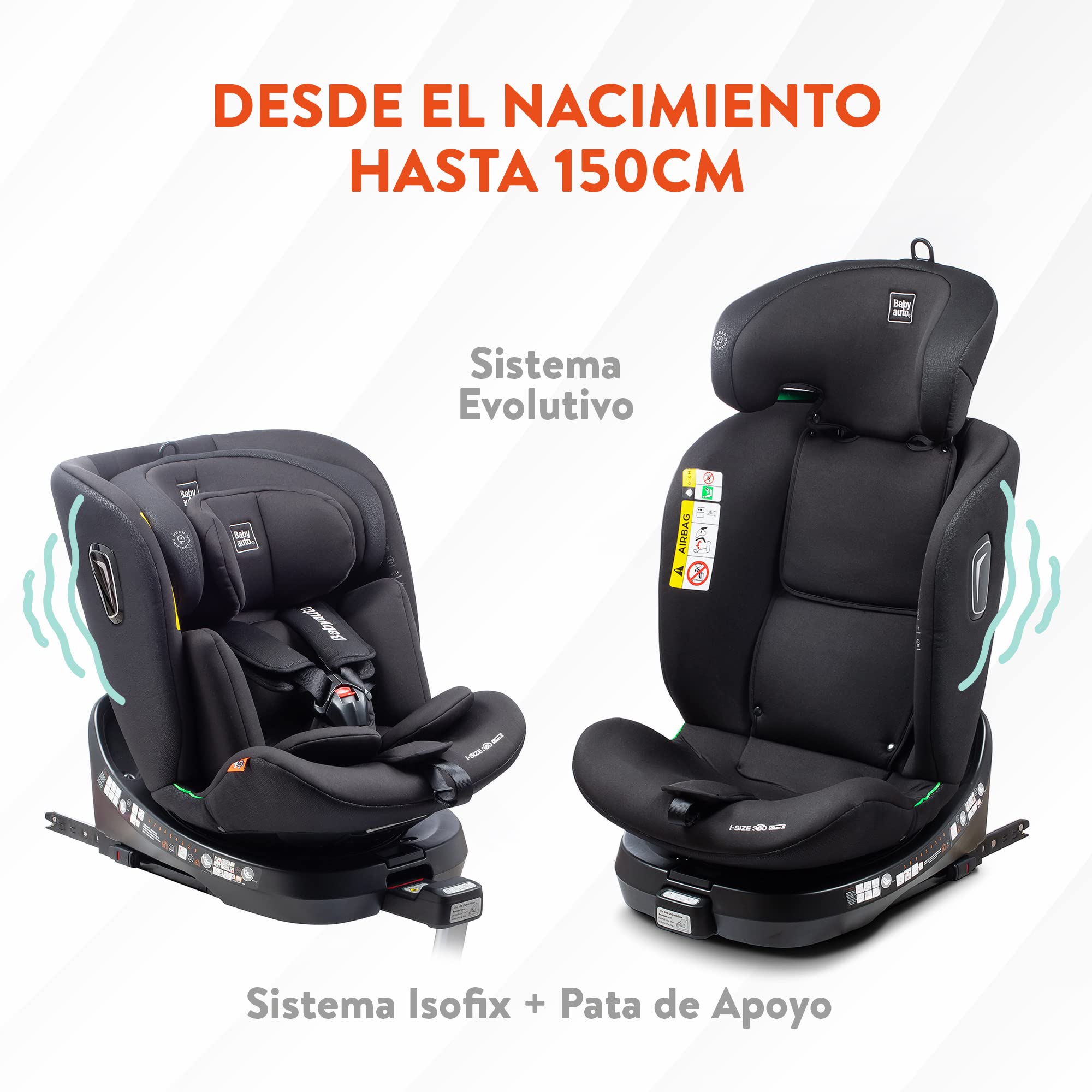BABYAUTO - Silla de coche i-Size AITANA GR. 0+/1/2/3 hasta los 36Kg o 150 cm. Edad: 0 a 12 años – Giratoria y reclinable – Pata de apoyo, A contramarcha 18 Kg – ISOFIX (NEGRO ANTRACITA)