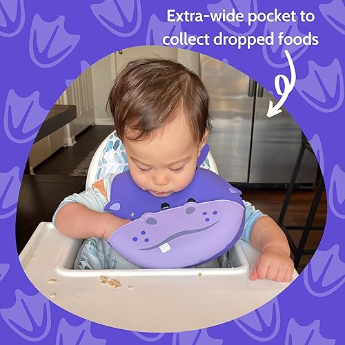 Miniatura 5 de Silly Goose Baberos de silicona para bebés y niños pequeños, impermeables, ajustables, suaves, extra anchos para atrapar alimentos (hipopótamo) 1pk