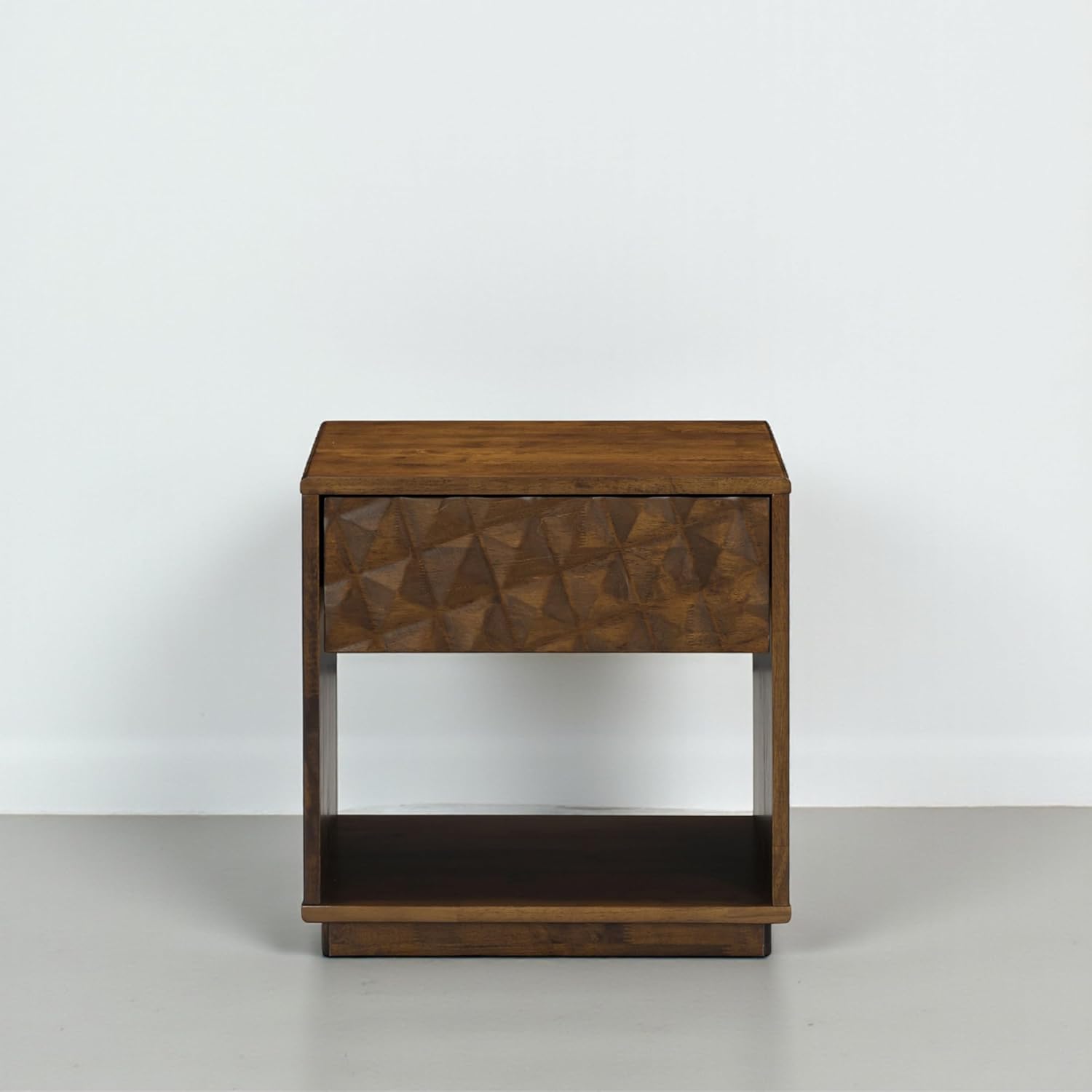 NTC Sapa Solid Wood Nightstand with 3D Carved Drawer Front – Modern Bedside Table with Open Shelf, Easy Assembled - Dark Walnut